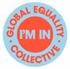 Blue circular badge with red text 'GLOBAL EQUALITY COLLECTIVE' surrounding white text 'I'M IN' in the center.