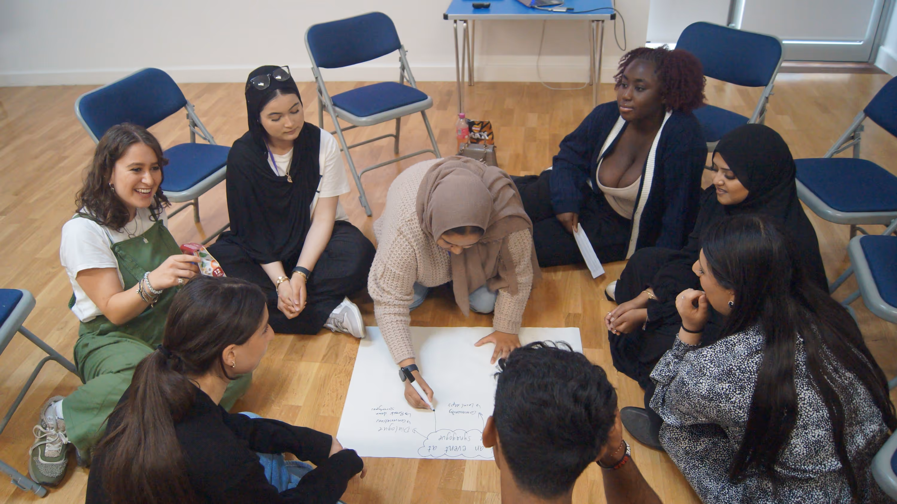 Group of diverse young adults sitting on the floor around a large white paper, brainstorming and writing notes indoors.