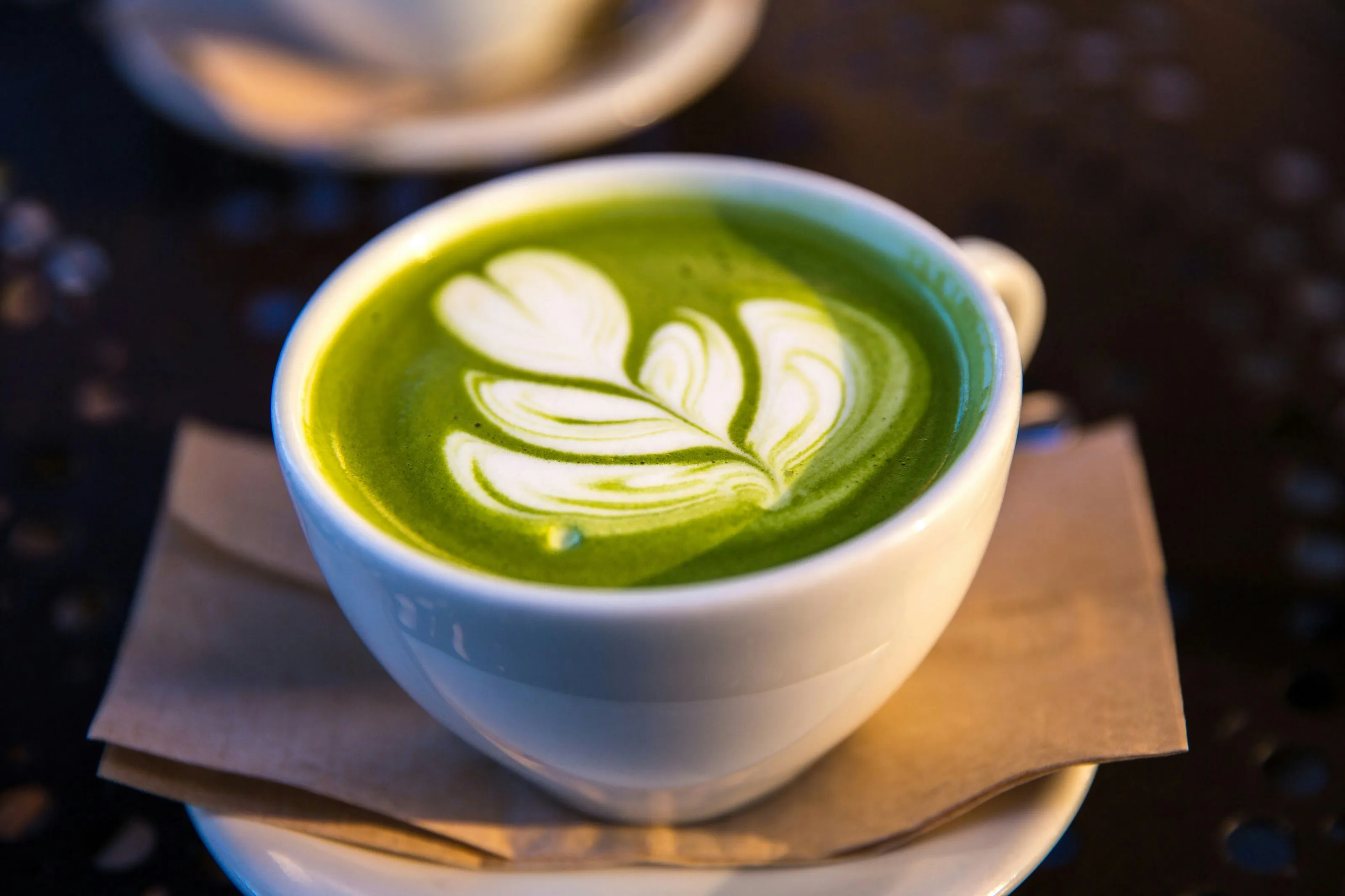 Close up of a matcha latte