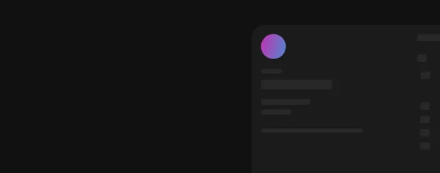 Dunkles Interface mit einem abgerundeten Quadrat, das ein Profilbild oben links, mehrere unscharfe Textzeilen und einige rechteckige Symbolplatzhalter anzeigt.