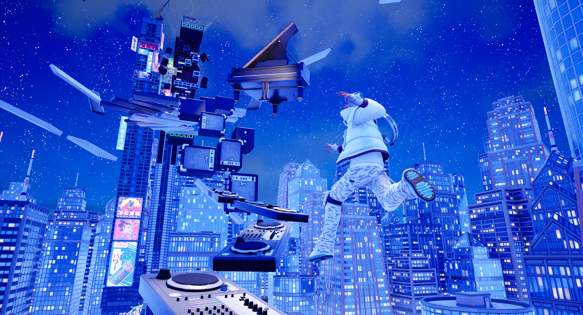 A fortnite character running though a branded fortnite obstacle course.