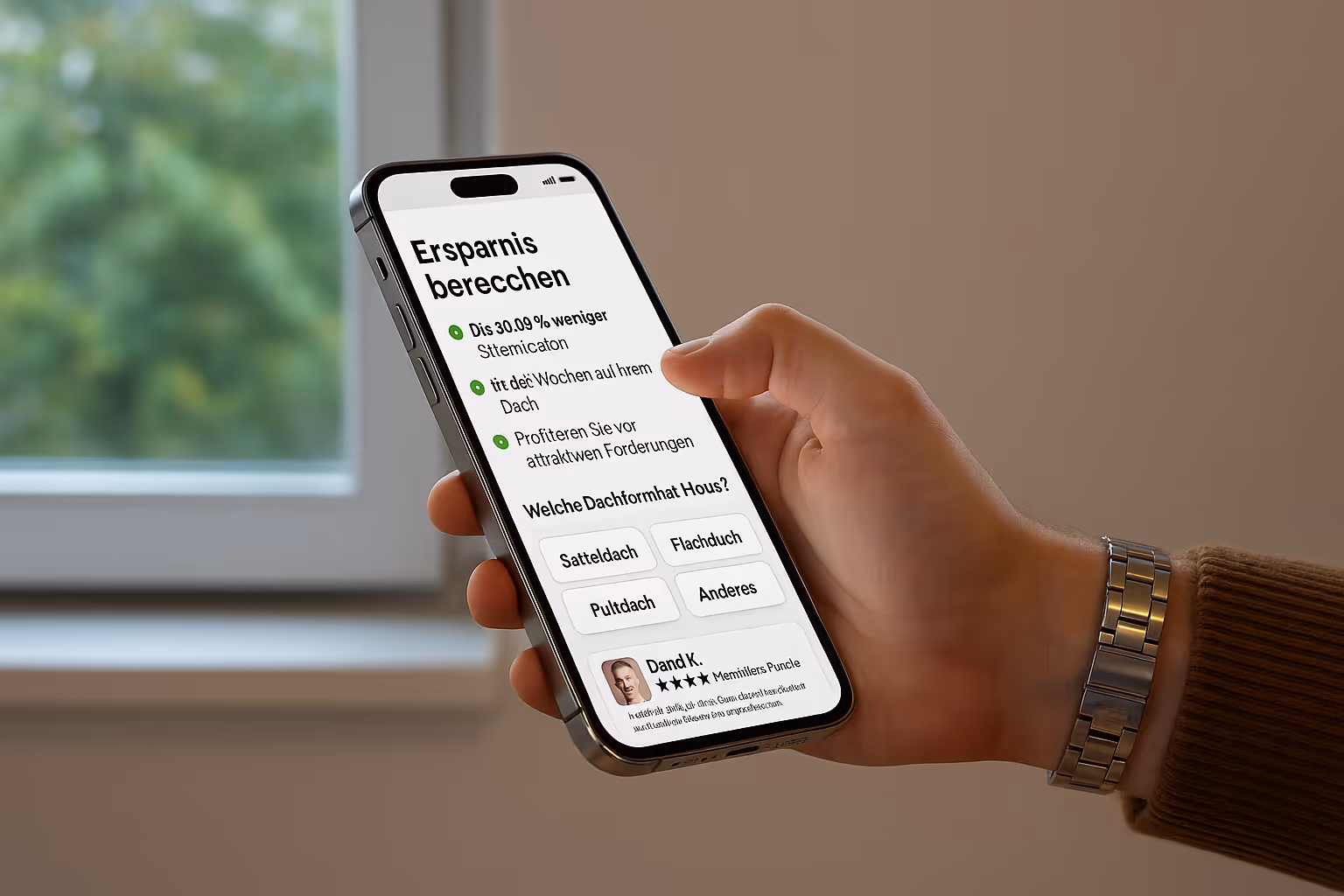 Hand hält Smartphone mit Bildschirm, der eine App zur Berechnung von Einsparungen und Auswahl der Dachform zeigt.