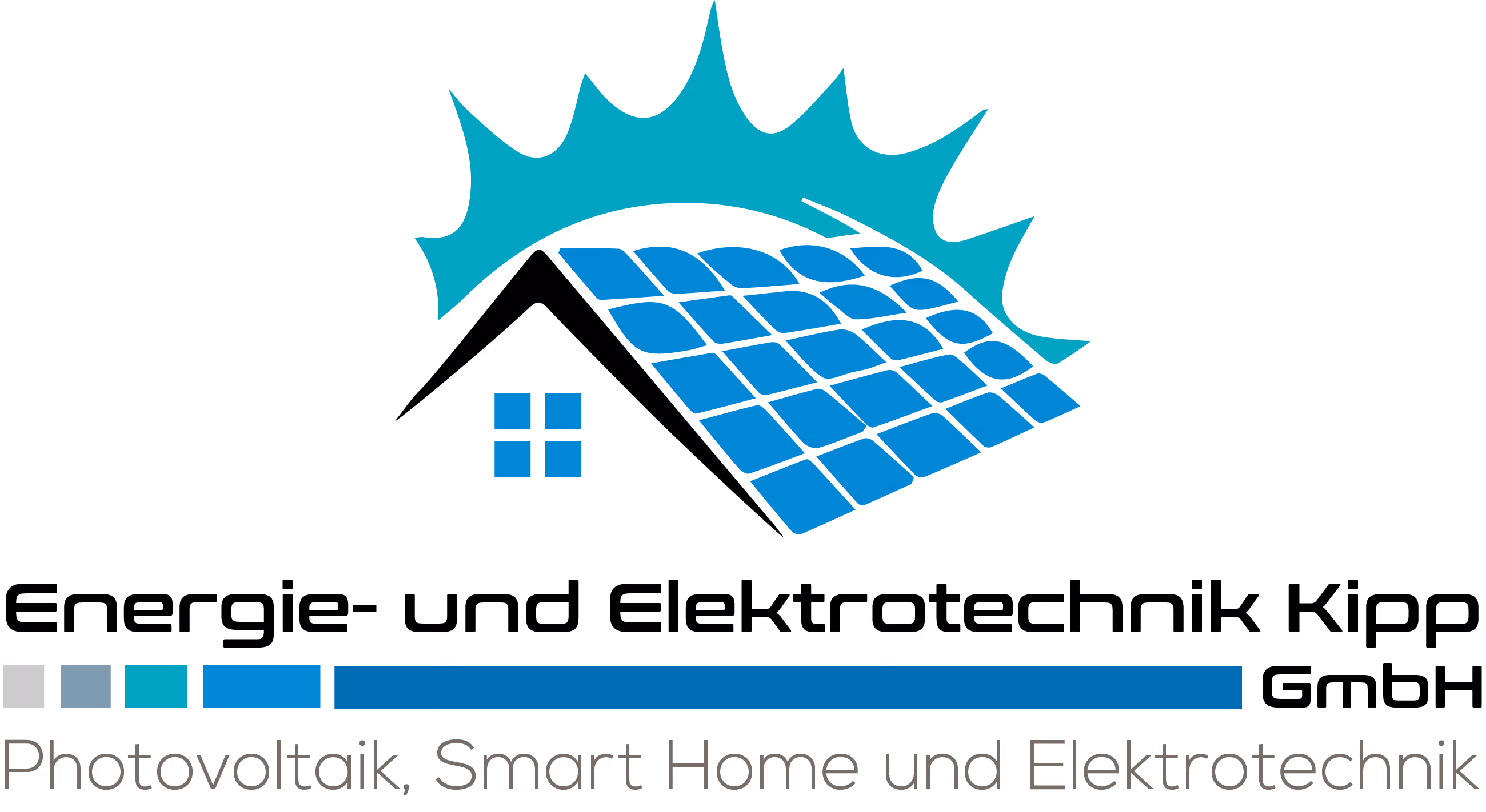 Logo mit Hausdach aus blauen Solarpanelen und blauem Sonnenmotiv, darunter der Text ‚Photovoltaik, Smart Home und Elektrotechnik‘.