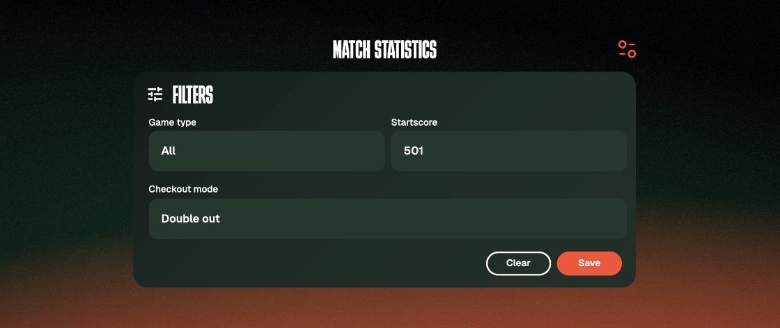 DartCounter statistics filters for game type, starting score and checkout mode