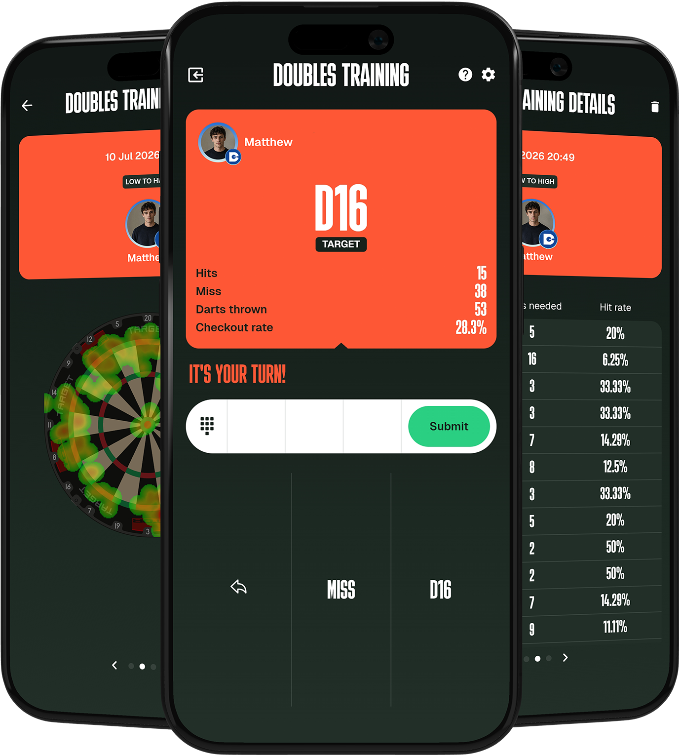 DartCounter app screens showing Doubles Training gameplay and statistics