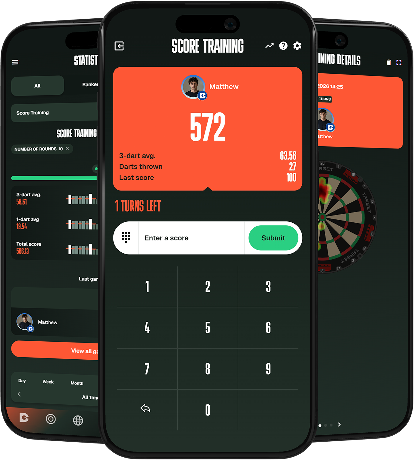 DartCounter app screens showing Score Training gameplay and statistics