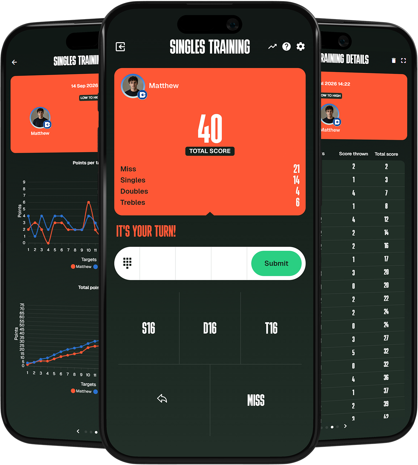 DartCounter app screens showing Singles Training gameplay and statistics
