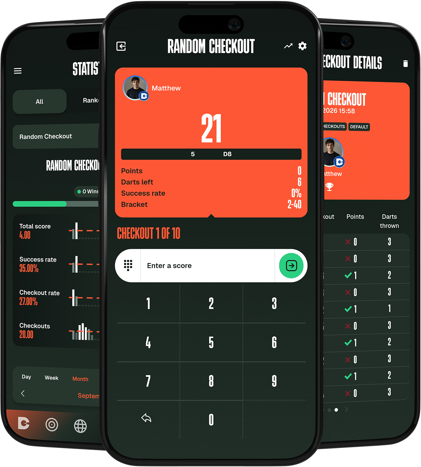 DartCounter app screens showing Random Checkout gameplay and statistics