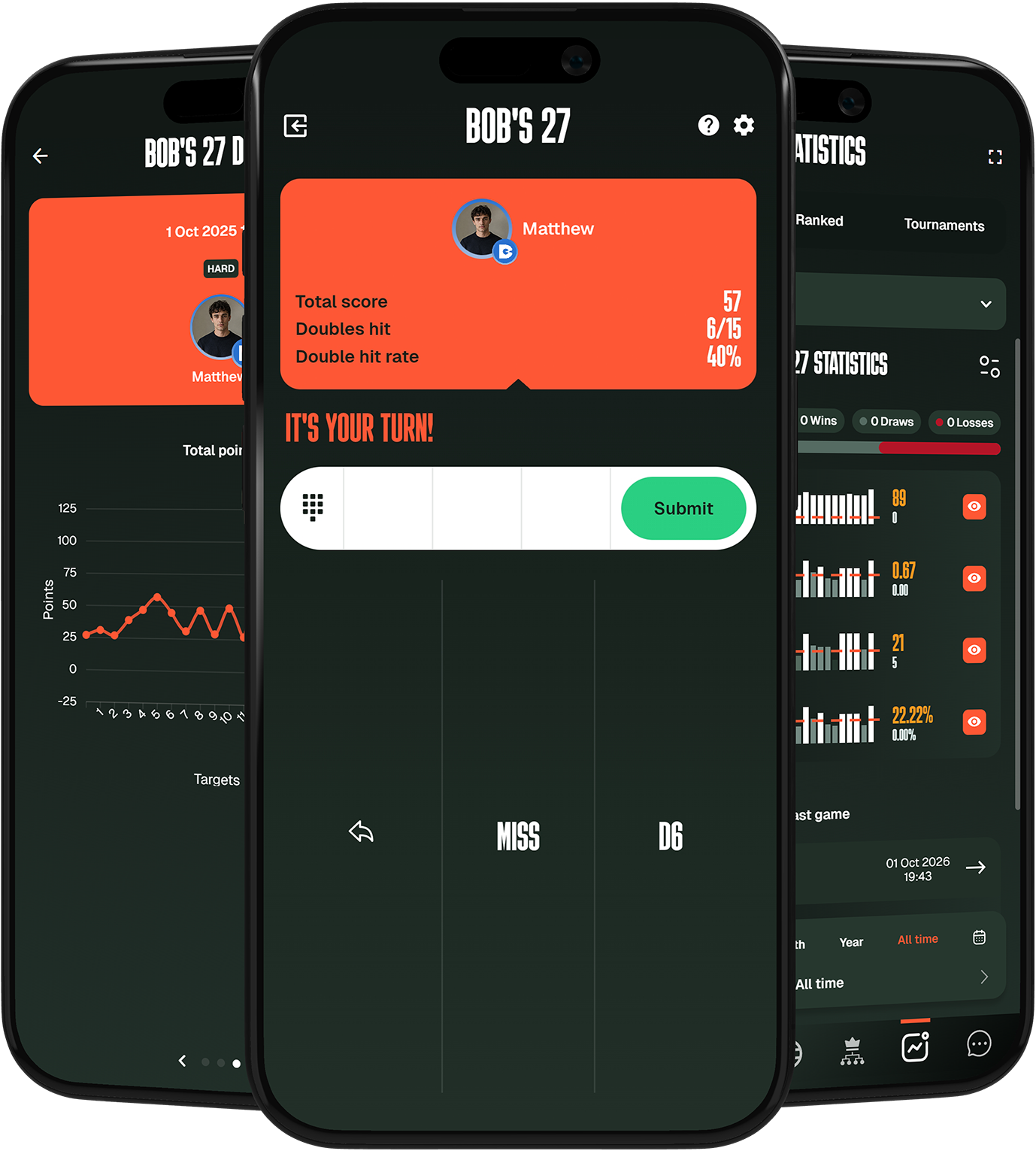 DartCounter app screens showing Bob's 27 gameplay and statistics