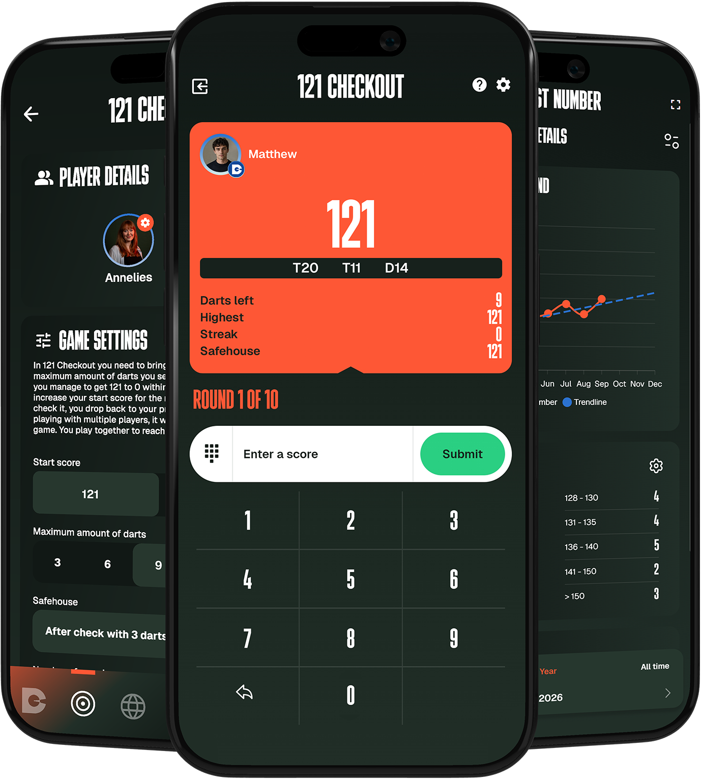 DartCounter app screens showing 121 Checkout settings, gameplay and statistics