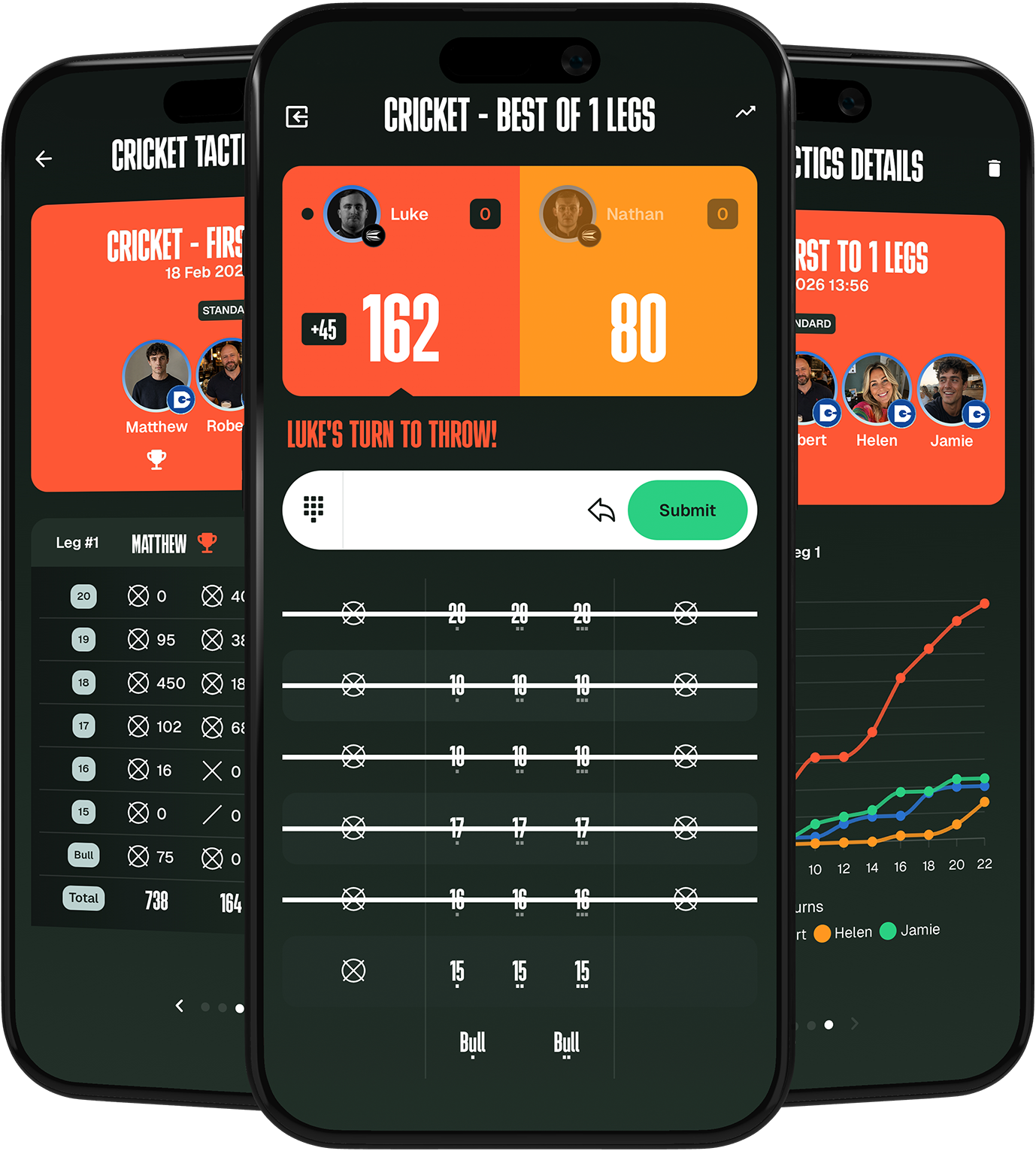 DartCounter app screens showing Cricket and Tactics gameplay and statistics