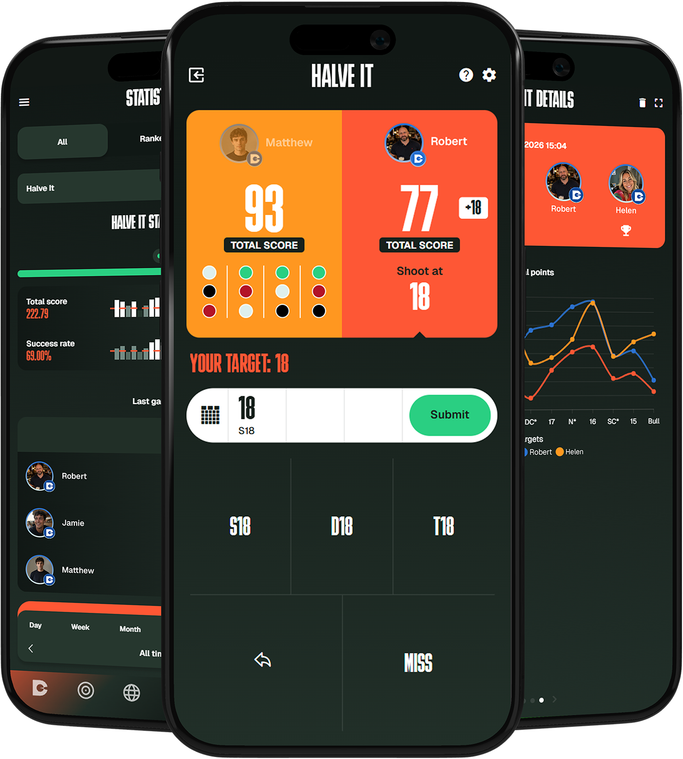 DartCounter app screens showing Halve-It gameplay and statistics