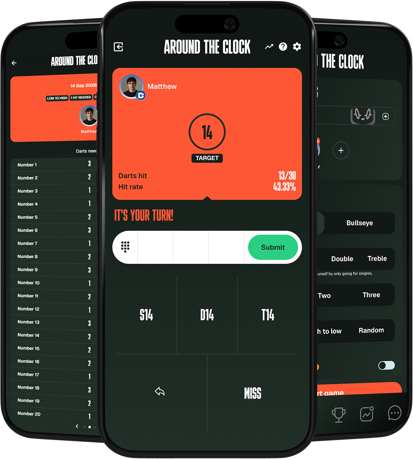 DartCounter app screens showing Around the Clock gameplay and statistics