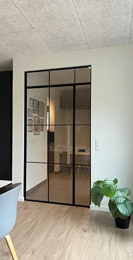 Sort metalrammed glasdør i moderne hjem med trægulv og grøn plante i sort potte.