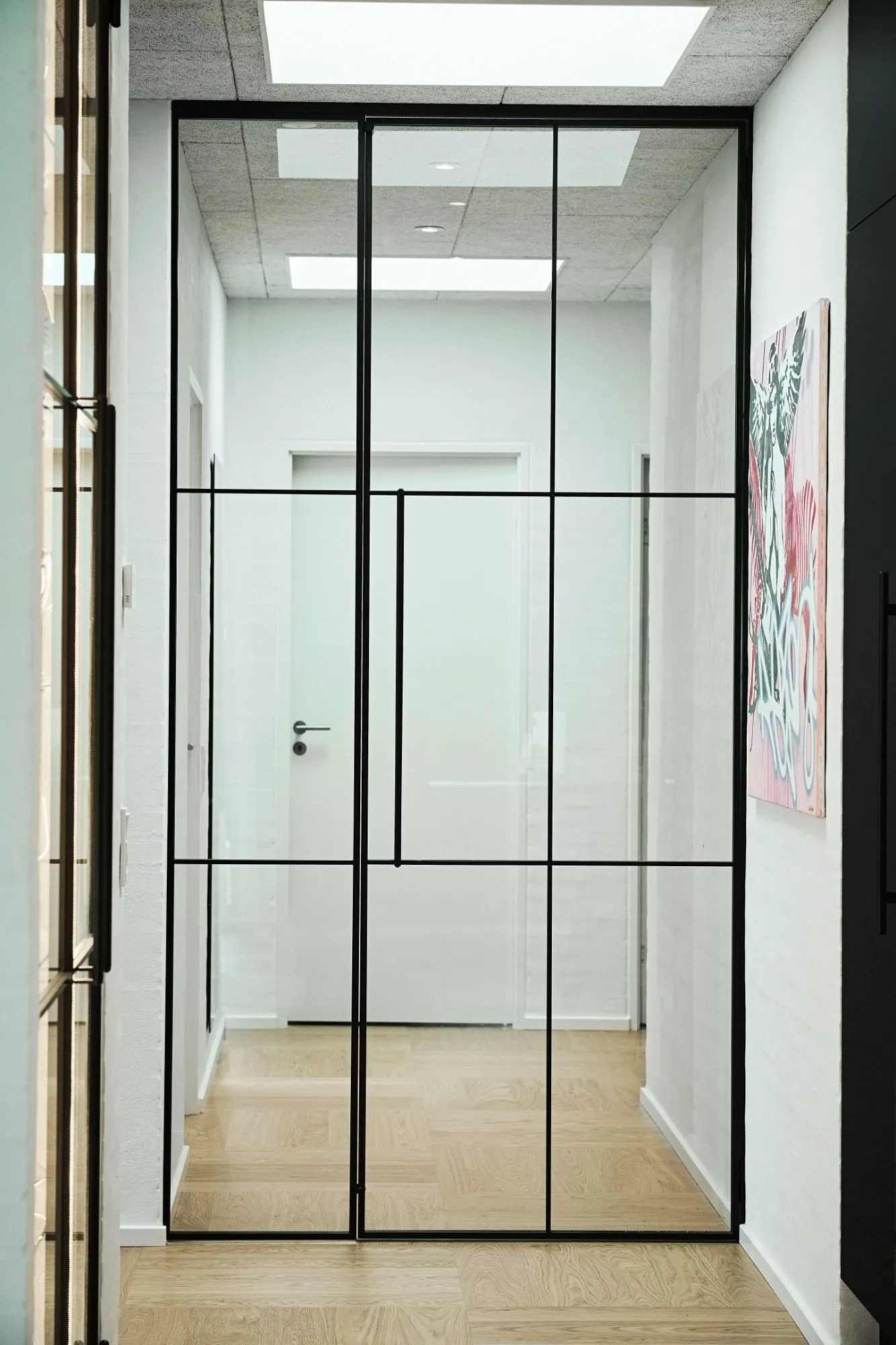 Moderne gang med lyse trægulve, hvidmalede vægge, glasdør med sorte metalrammer og maleri med farvet grafisk motiv.