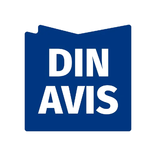 Blåt ikon med teksten 'DIN AVIS' i blokbogstaver.