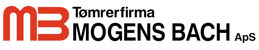 Logo med rød MB og teksten Tømrerfirma MOGENS BACH ApS.