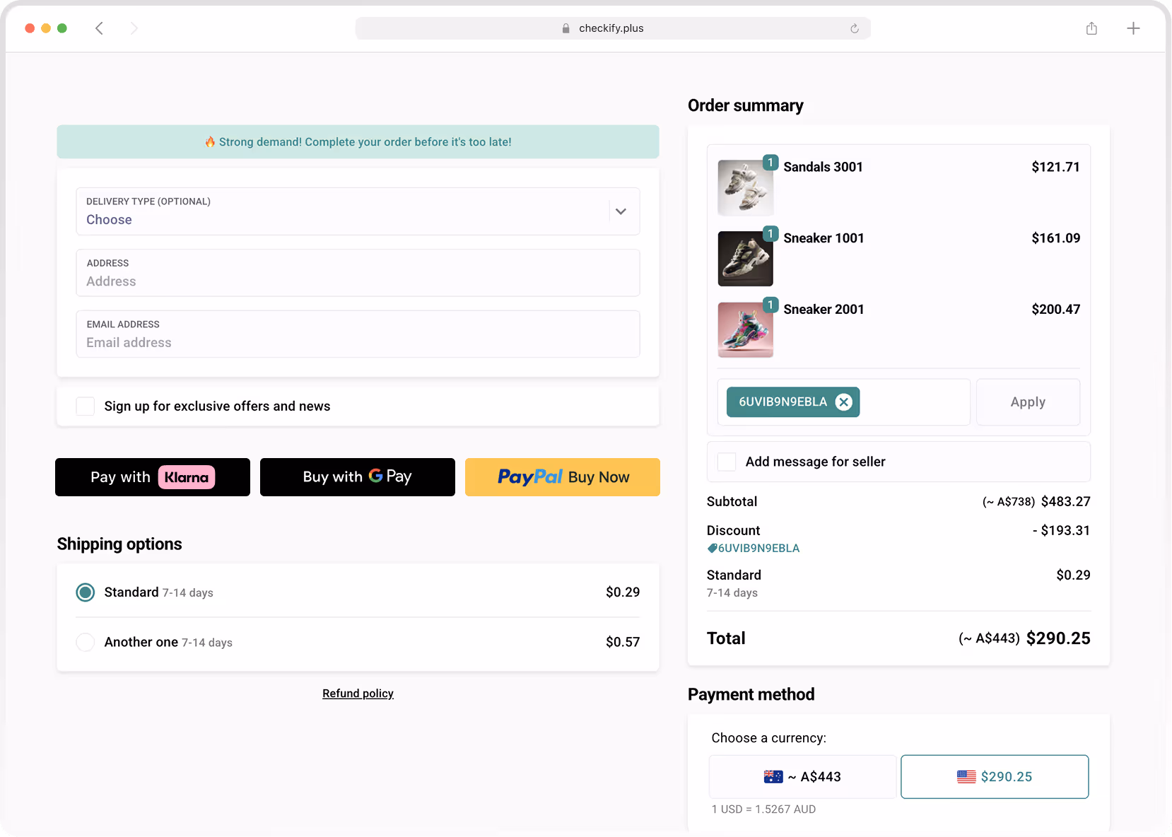 Desktop version of Checkify.plus checkout page with Klarna, Google Pay, and PayPal integration, coupon code field, and real-time order summary