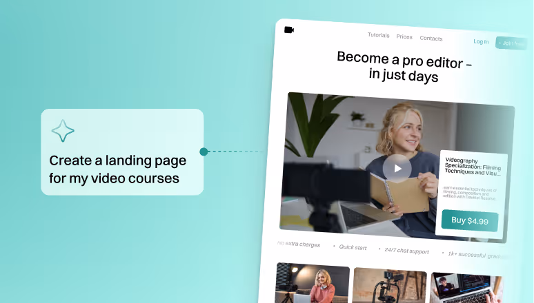 Checkify AI-powered landing page builder generating a video course sales page from a text prompt.