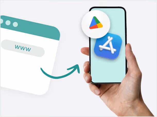 Redirect from website to mobile app showing Google Play and App Store download options.