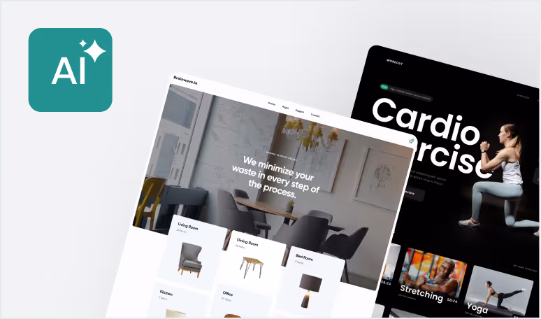 Checkify AI generating landing pages for a furniture store and a fitness brand representing automated page creation.