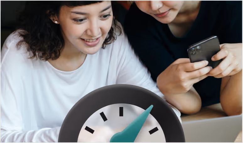 Two people looking at a smartphone with a fast-moving clock representing quick AI page builder setup speed.