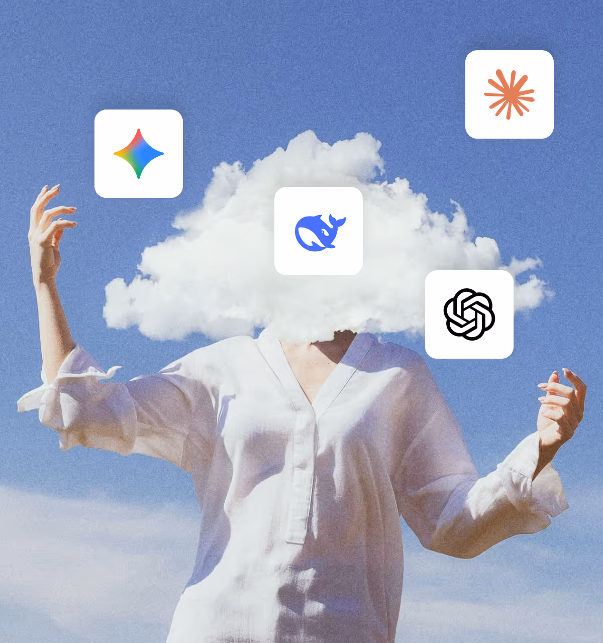 Person with cloud head surrounded by AI model icons including Gemini, Claude and ChatGPT for AI orchestration.