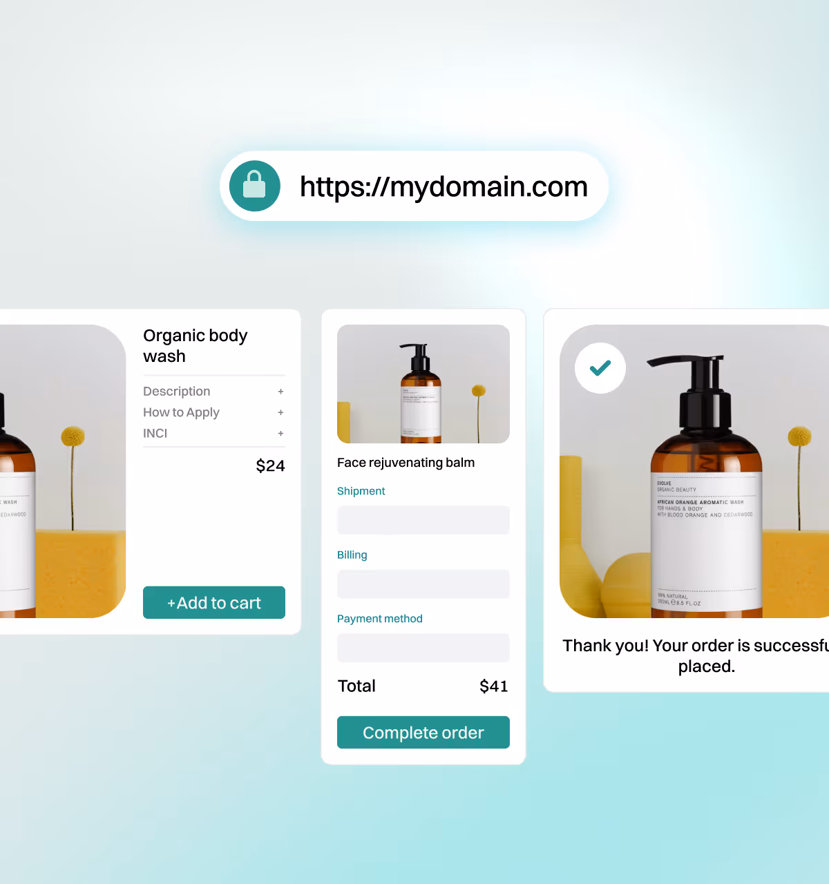 Checkify branded checkout flow on custom domain showing product page, checkout and order confirmation for organic body wash.