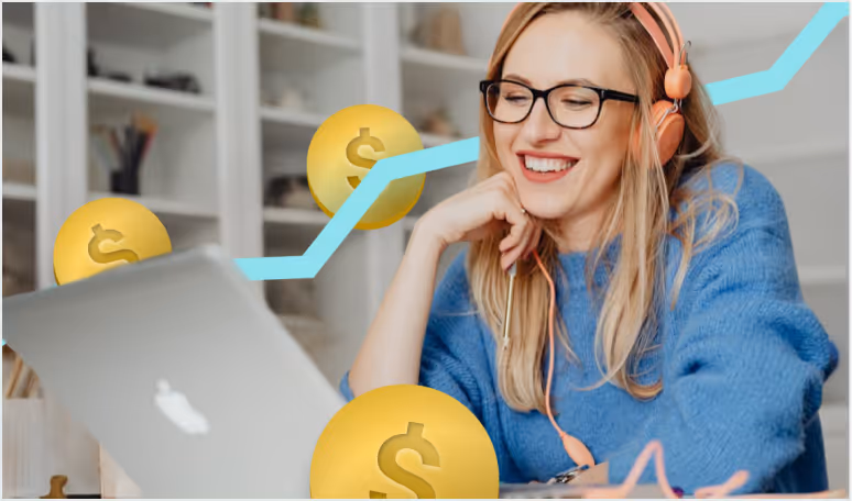Woman with headphones at laptop with dollar coins and growth chart showing AI page builder speed and cost savings.
