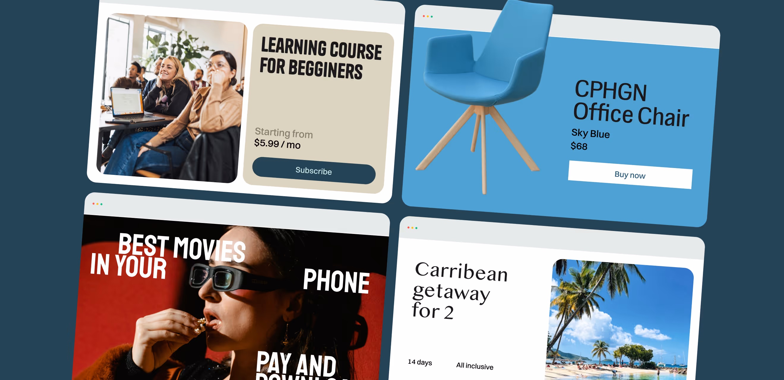 Four AI-generated landing page cards for a learning course, office chair, movies and Caribbean getaway destination.