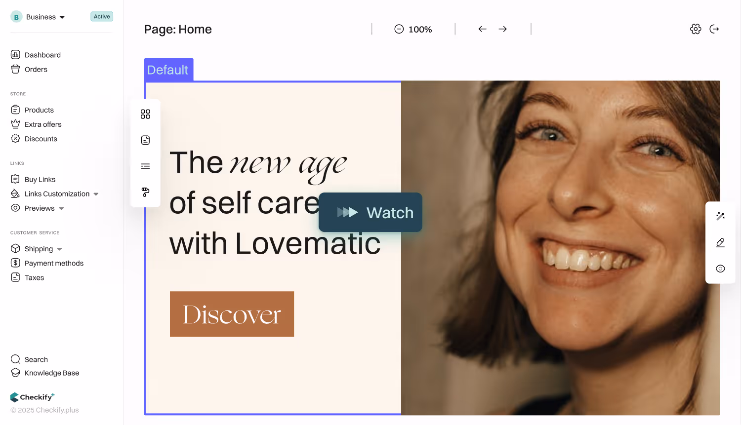 Checkify dashboard showing AI-generated landing page editor for a self-care brand called Lovematic.