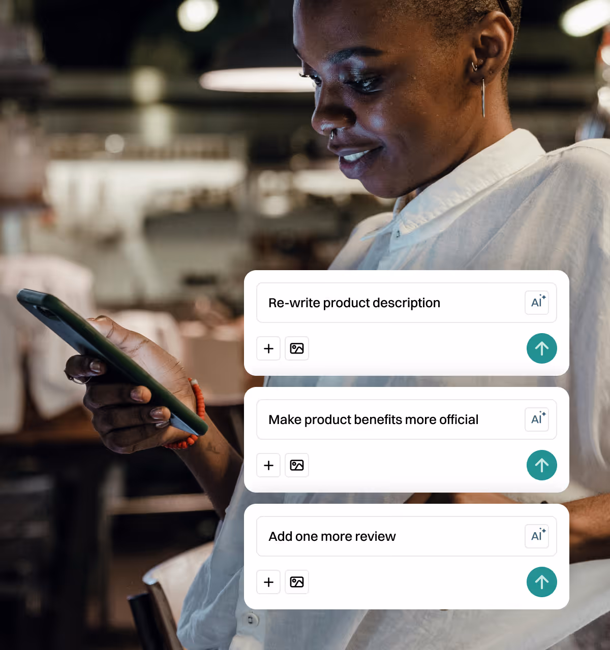 Merchant on phone with AI editing prompts to rewrite product descriptions and improve page content.