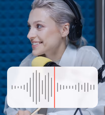 Podcast host with headphones and microphone with audio waveform representing music and podcast creator content sales.