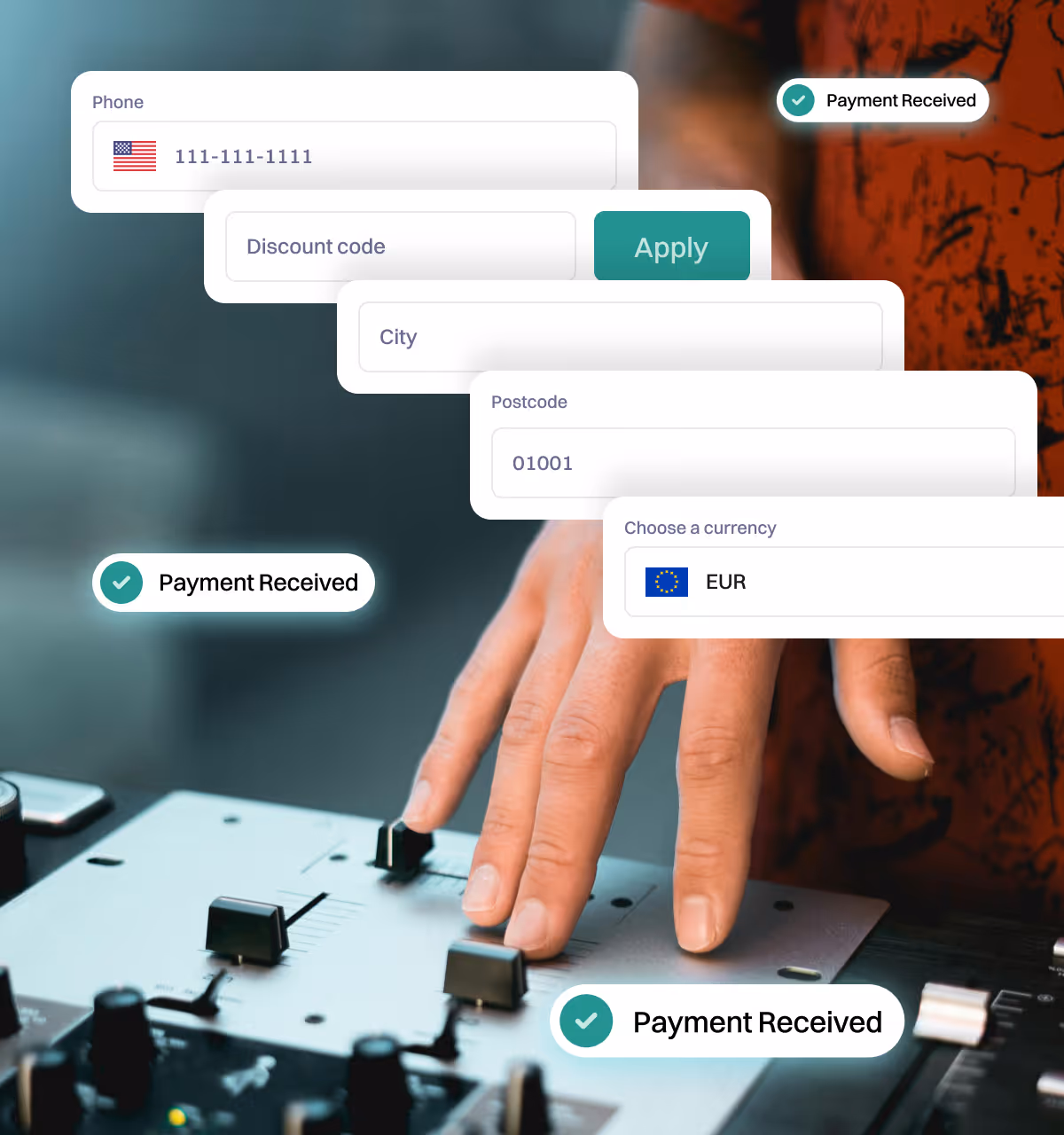 Checkify checkout form showing phone, discount code and currency fields with Payment Received notifications.