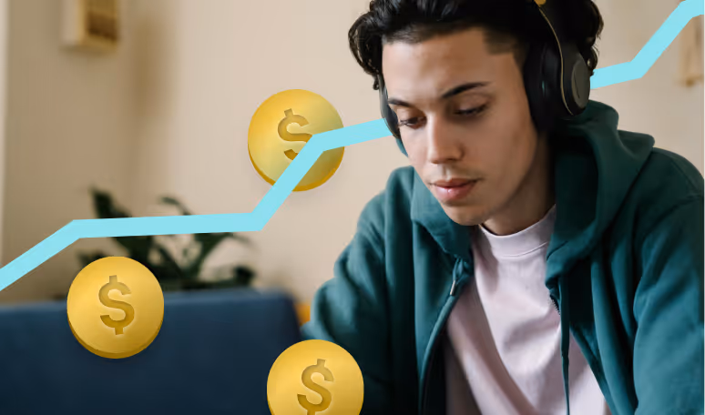 Young man with headphones at laptop with dollar coins and rising growth chart representing creator income potential.