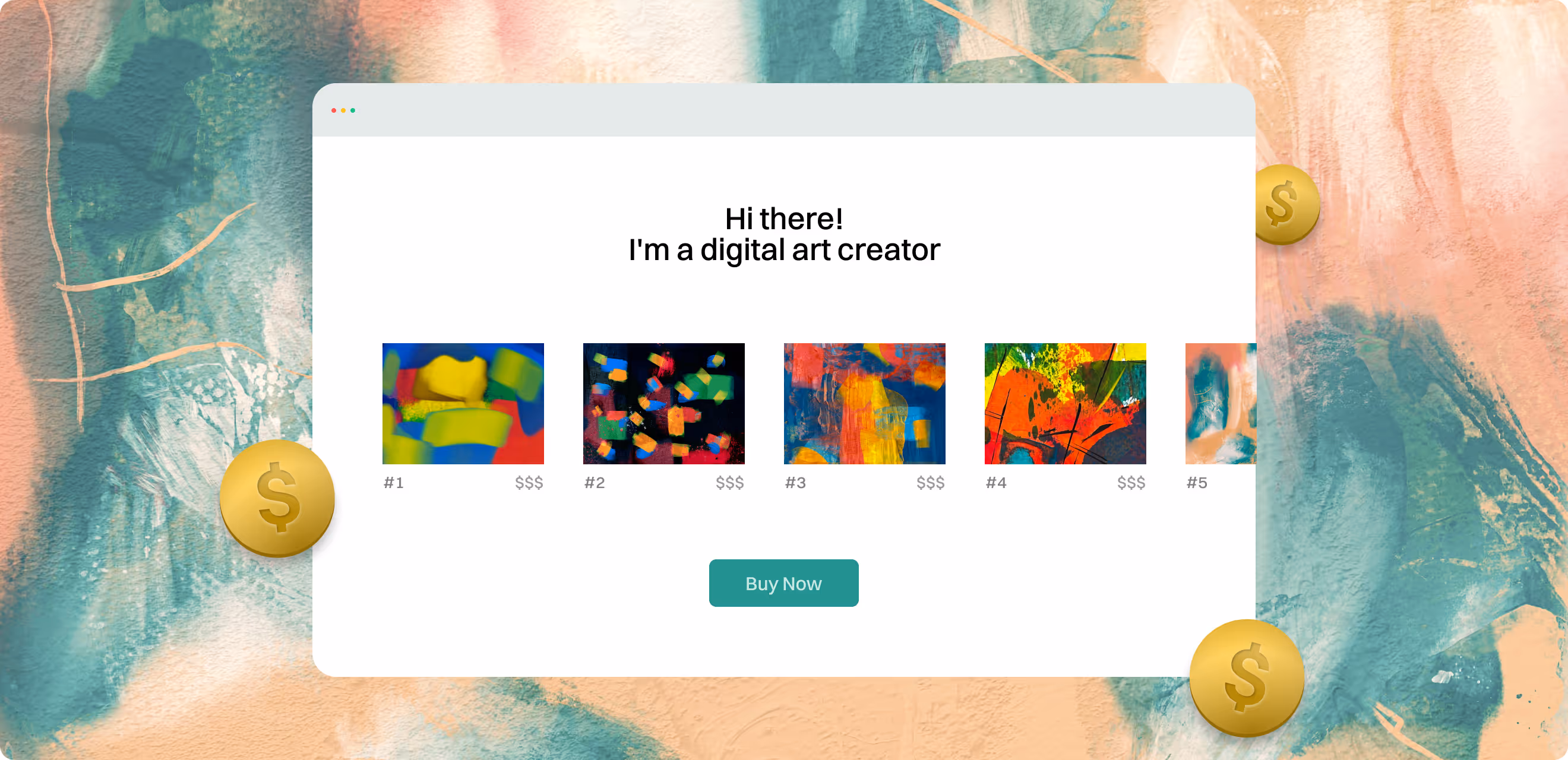 Digital art creator storefront showing colorful artworks for sale with a Buy Now button and dollar coins.