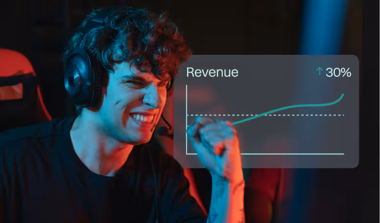 Smiling gamer with headphones next to a revenue growth chart showing 30% increase representing creator self-realization.