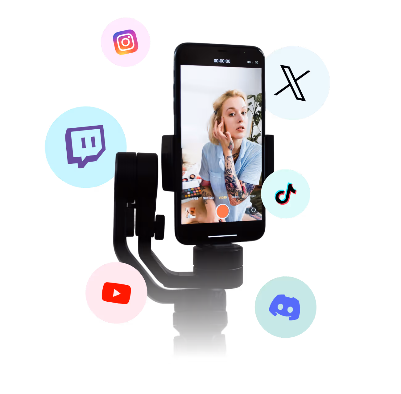 Smartphone on camera gimbal surrounded by creator platform icons including Instagram, YouTube, TikTok and Discord.
