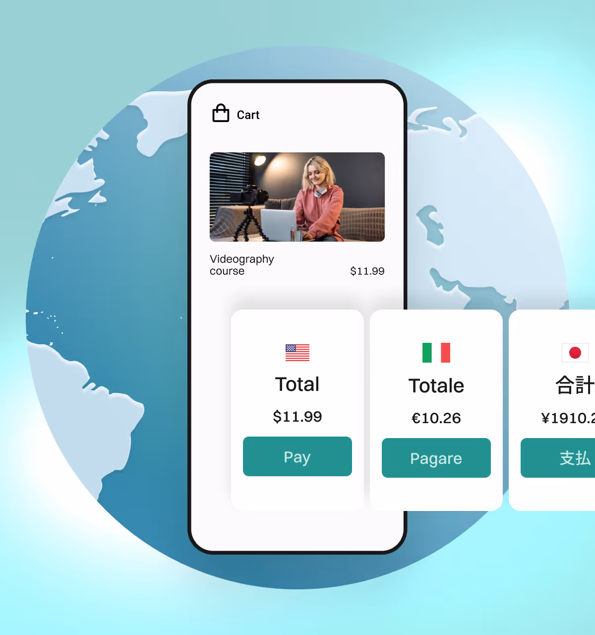 Checkify mobile cart for a videography course showing totals in USD, EUR and Japanese Yen for global creator sales.