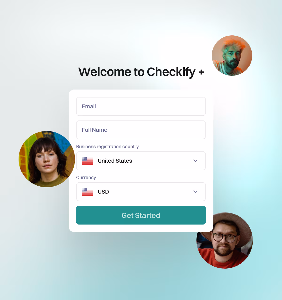 Checkify Plus welcome signup form with email, name, country and currency fields for opening a creator account.