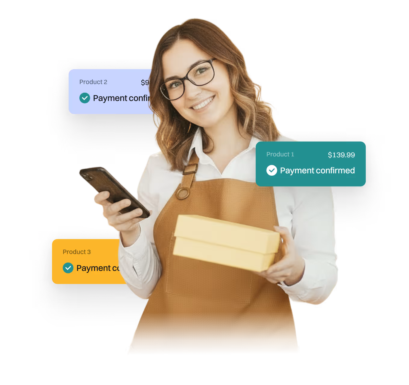 Small business owner in apron holding phone and package with multiple Payment Confirmed notifications.