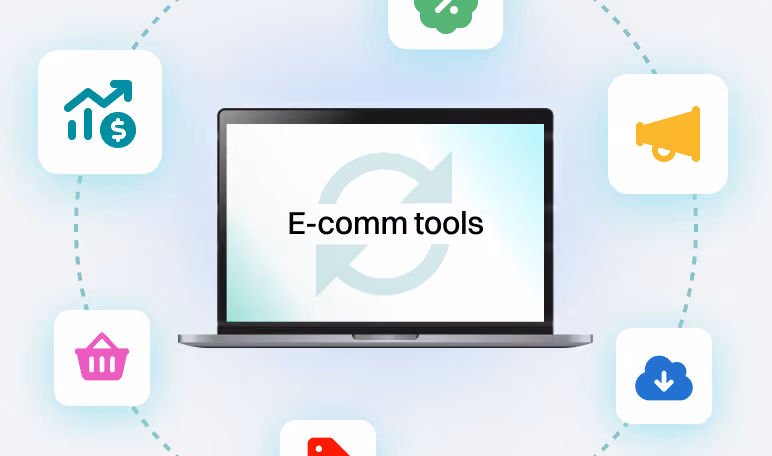 Laptop showing E-comm Tools sync icon surrounded by analytics, marketing, cart and download feature icons for SMB merchants.