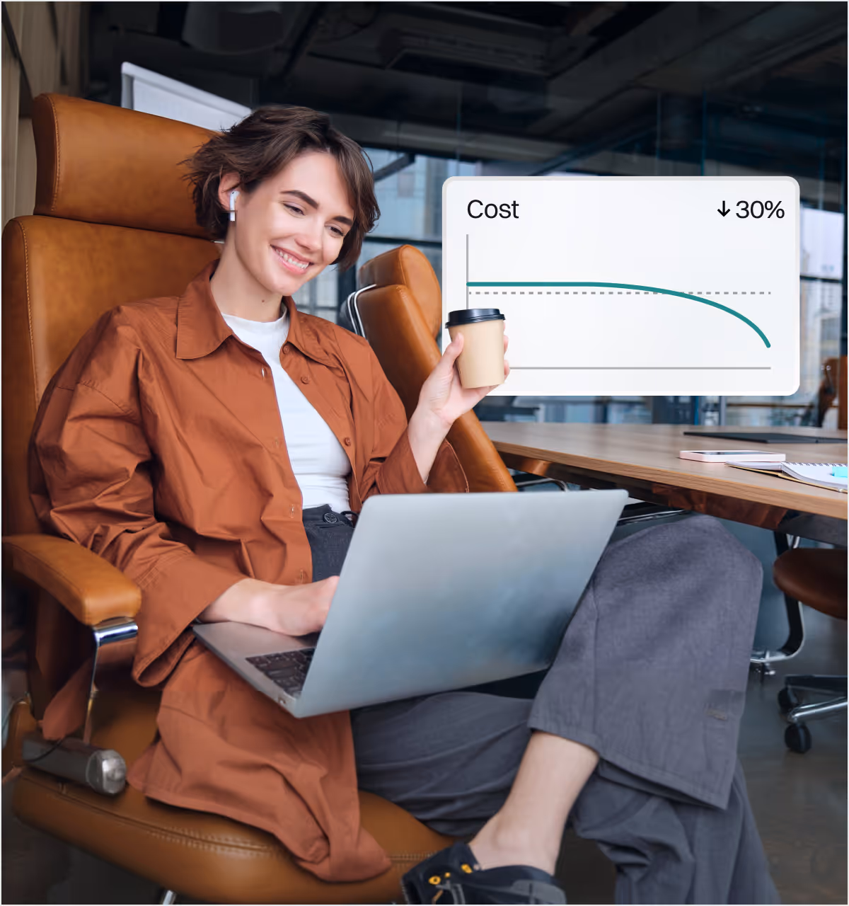 Smiling woman with laptop and coffee next to a Cost chart showing 30% reduction for small business merchants.