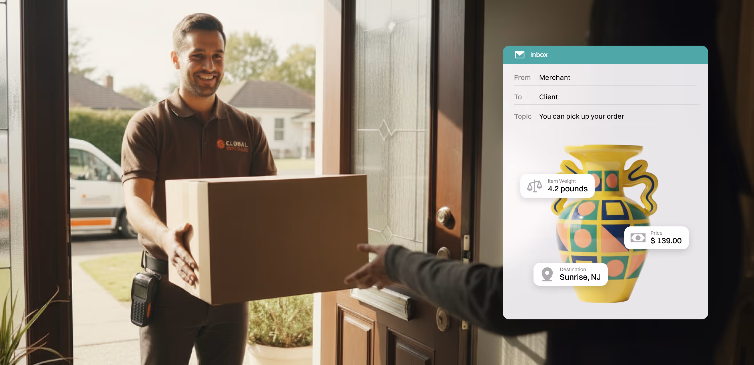 Delivery man handing a package at doorstep with Checkify order inbox showing item weight, price and destination details.
