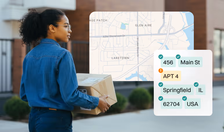 Woman carrying a package with a map overlay showing a shipping address form with street, city and zip code fields.
