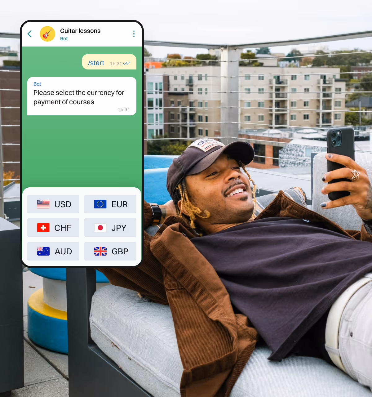 Man on phone with a Telegram guitar-lessons bot prompting currency choice between USD, EUR, CHF, JPY, AUD and GBP.
