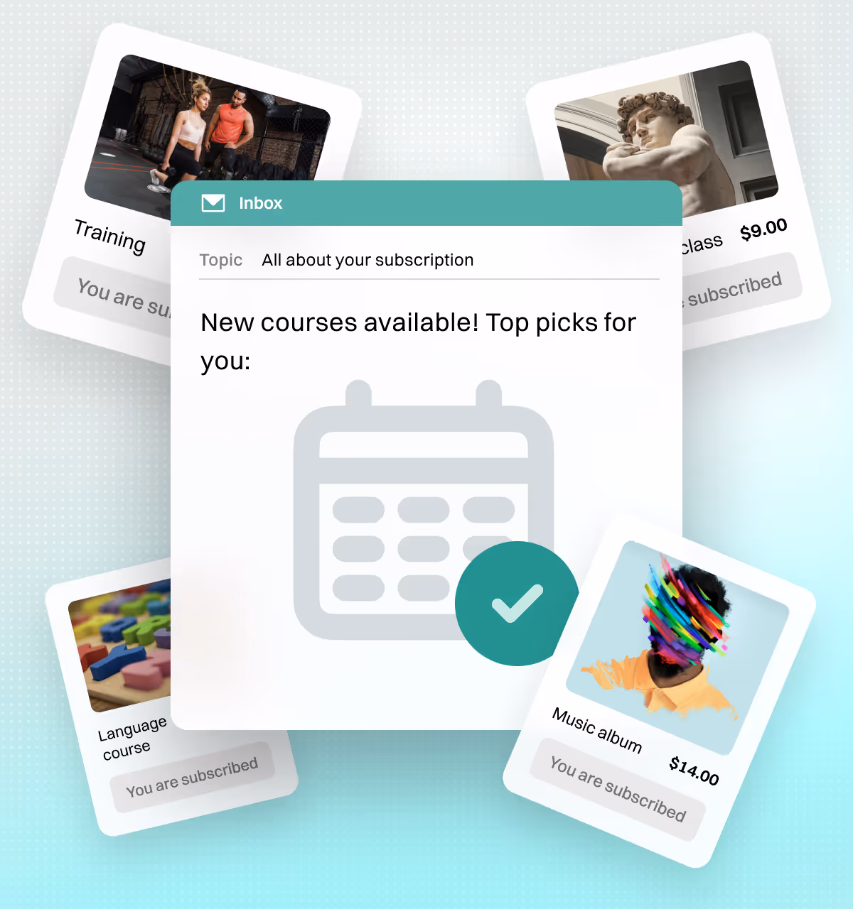 Subscription product cards for training, classes, language and music with an inbox notification about new courses.