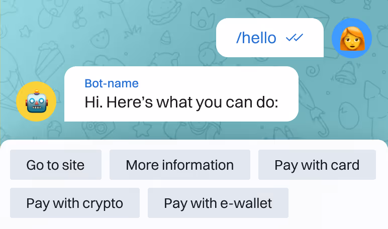 Chat bot menu replying to a hello command with buttons to visit site, get info, and pay by card, crypto or e-wallet.