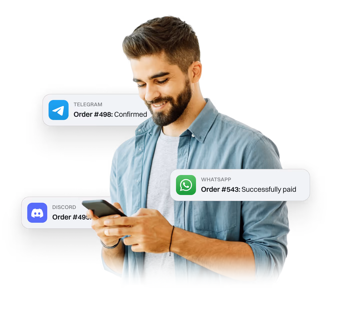 Smiling man on phone with Telegram, WhatsApp and Discord notifications showing orders confirmed and successfully paid.