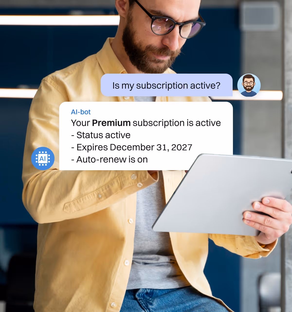 Man with tablet chatting with an AI bot confirming his Premium subscription is active until 2027 with auto-renew on.